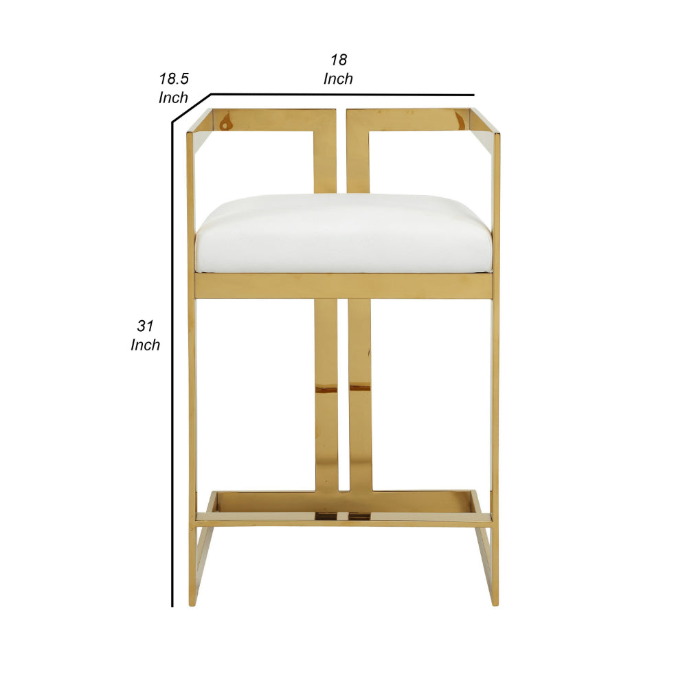 Benjara Suki 26 Inch Counter Height Chair, White Faux Leather, Gold Cantilever Base