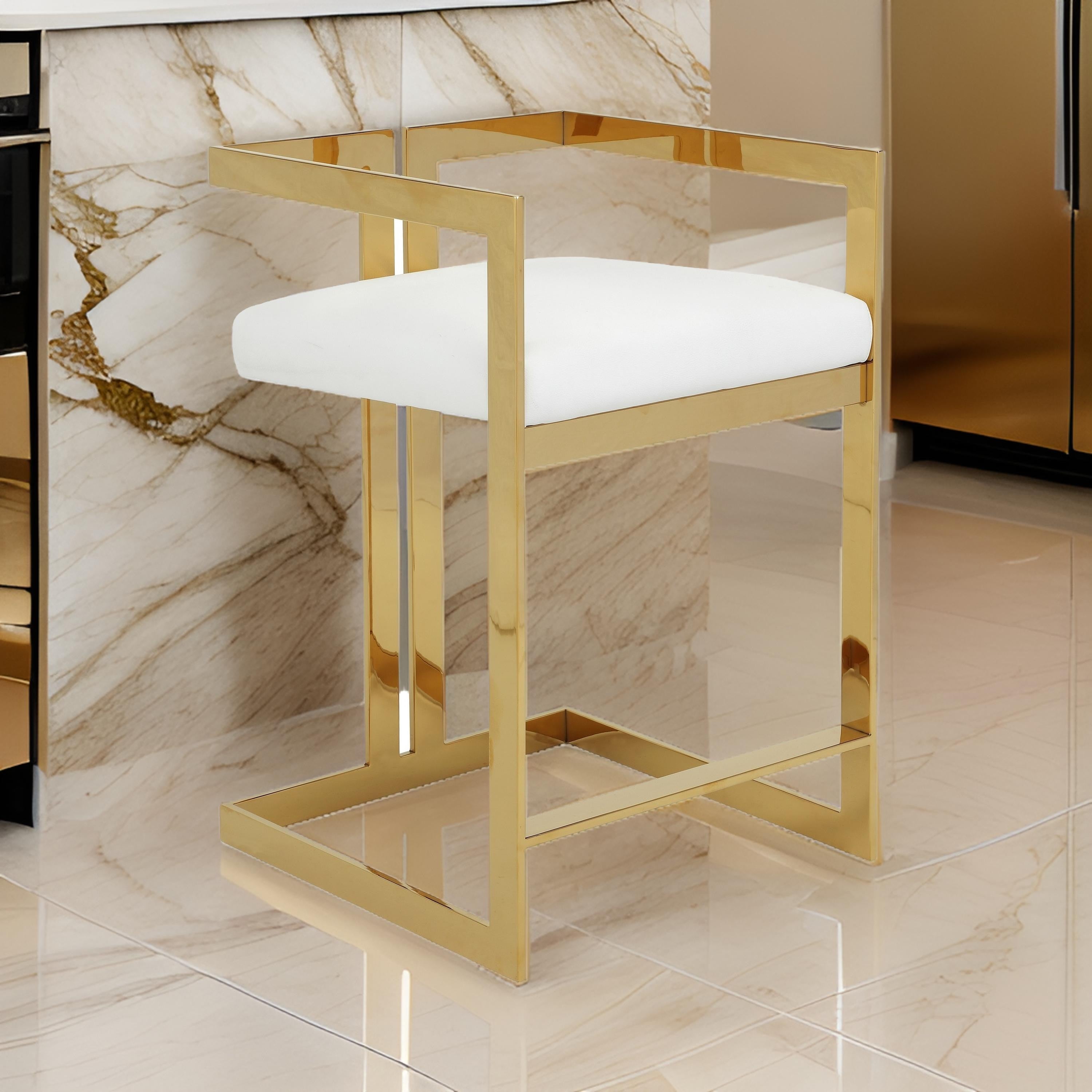 Benjara Suki 26 Inch Counter Height Chair, White Faux Leather, Gold Cantilever Base