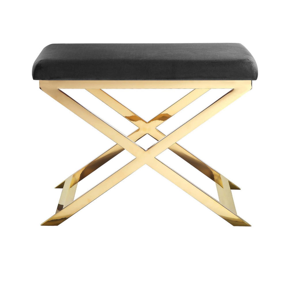 Benjara Sovi 24 Inch Accent Stool Ottoman Bench, Cushioned Gray Velvet, Gold X Base