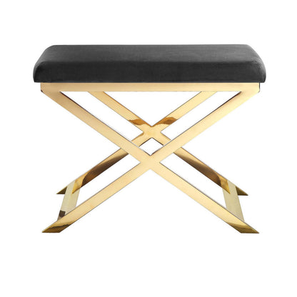 Benjara Sovi 24 Inch Accent Stool Ottoman Bench, Cushioned Gray Velvet, Gold X Base
