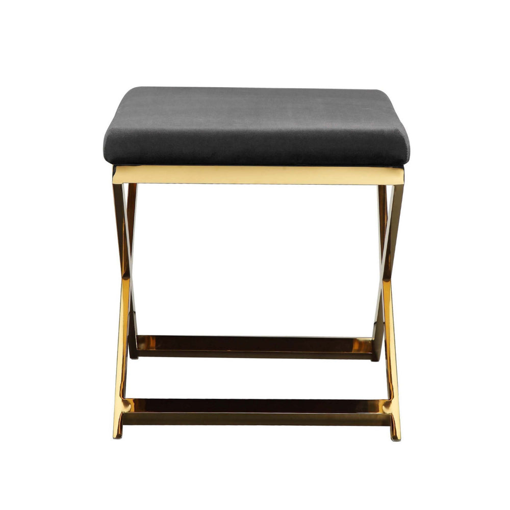 Benjara Sovi 24 Inch Accent Stool Ottoman Bench, Cushioned Gray Velvet, Gold X Base