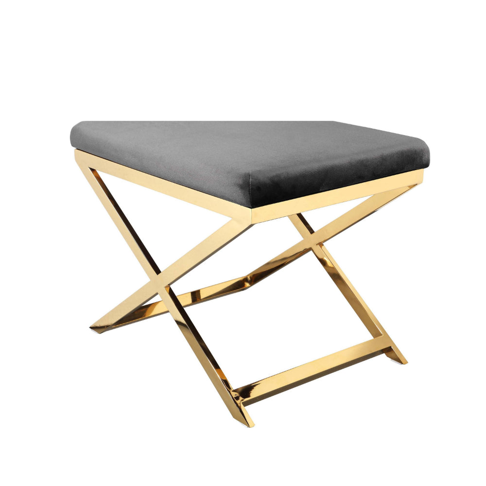 Benjara Sovi 24 Inch Accent Stool Ottoman Bench, Cushioned Gray Velvet, Gold X Base