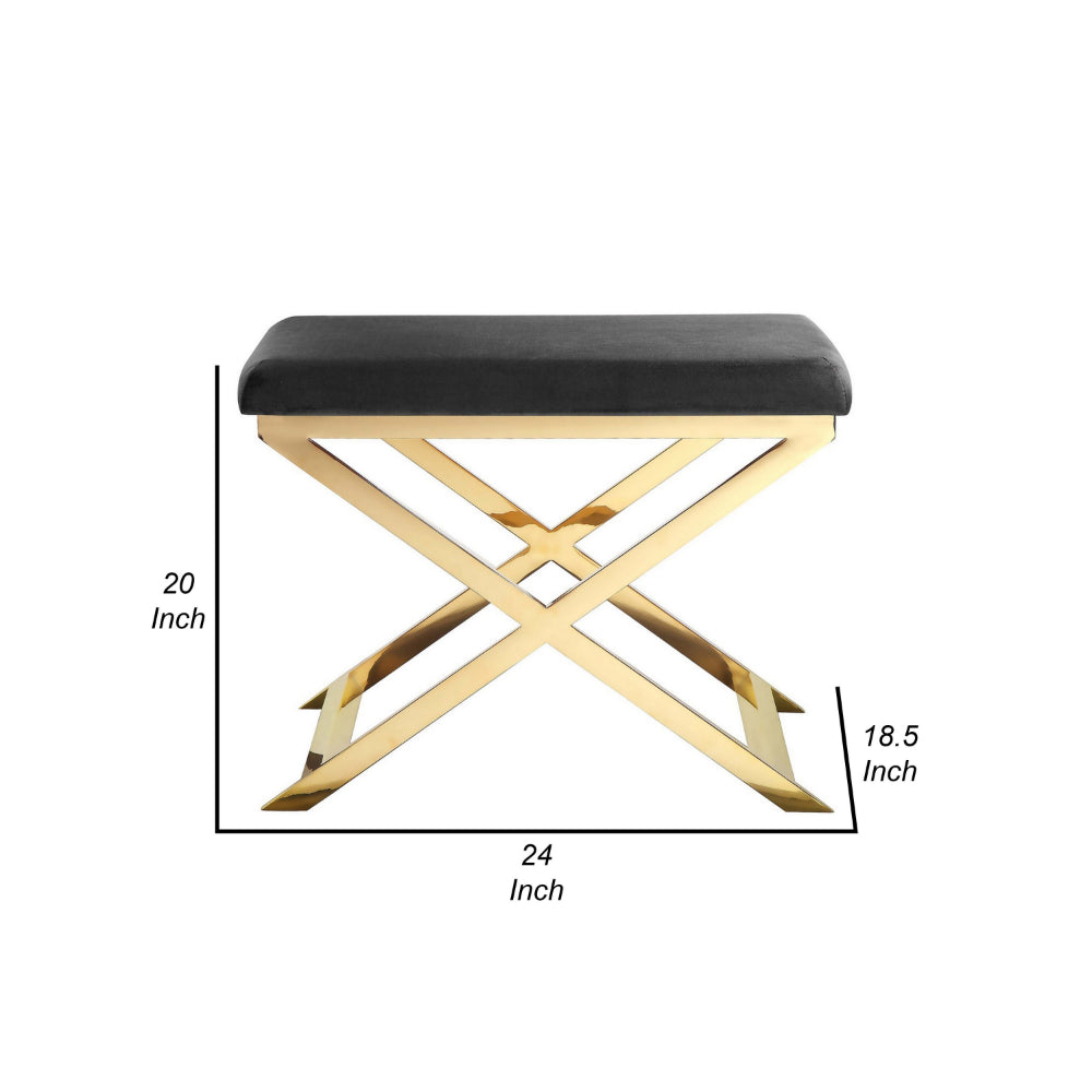 Benjara Sovi 24 Inch Accent Stool Ottoman Bench, Cushioned Gray Velvet, Gold X Base