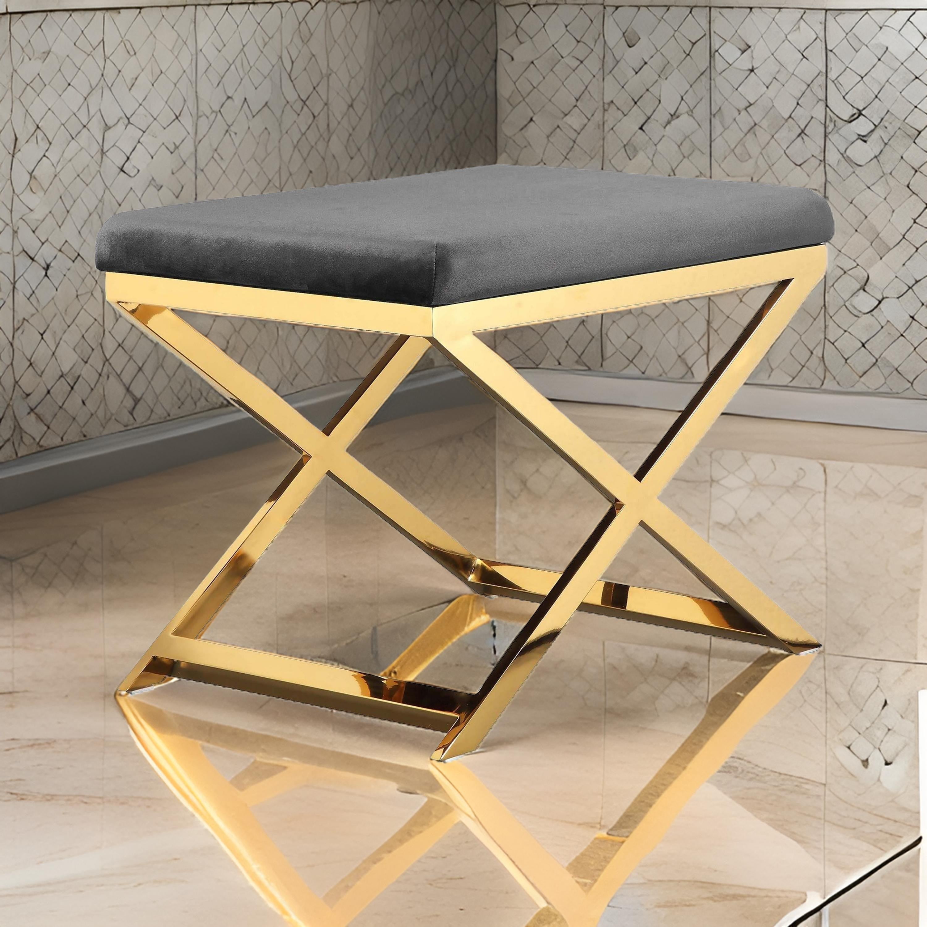 Benjara Sovi 24 Inch Accent Stool Ottoman Bench, Cushioned Gray Velvet, Gold X Base