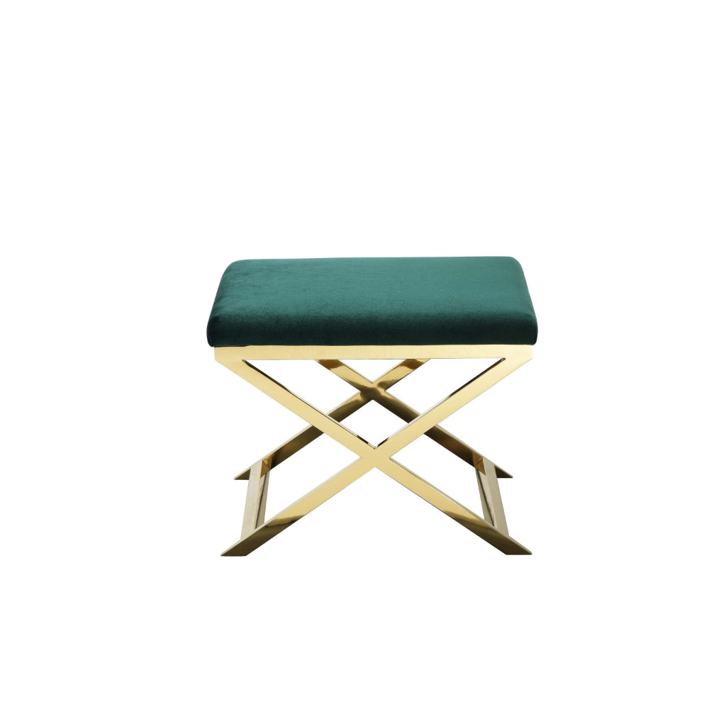 Benjara Sovi 24 Inch Accent Stool Ottoman Bench, Plush Green Velvet, Gold X Base