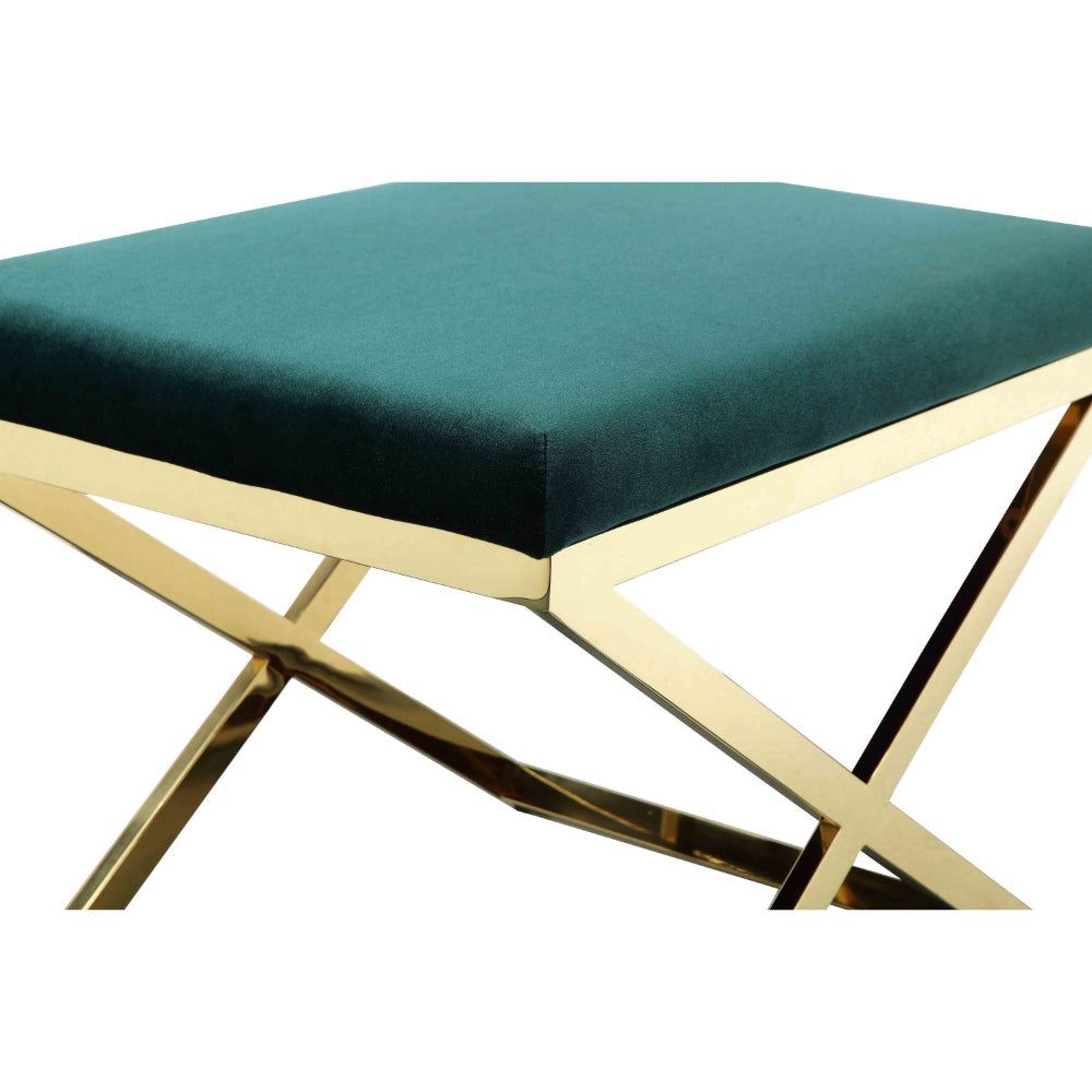 Benjara Sovi 24 Inch Accent Stool Ottoman Bench, Plush Green Velvet, Gold X Base