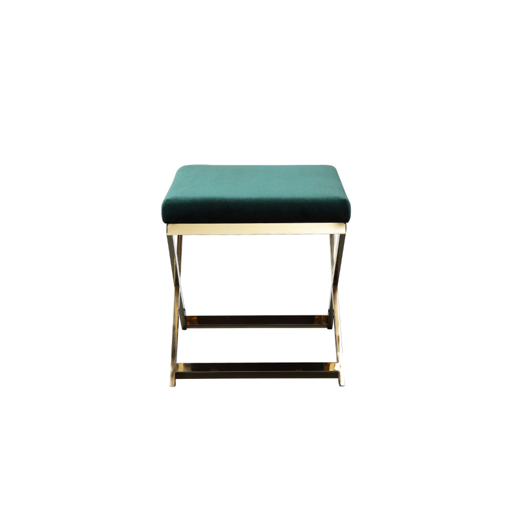 Benjara Sovi 24 Inch Accent Stool Ottoman Bench, Plush Green Velvet, Gold X Base
