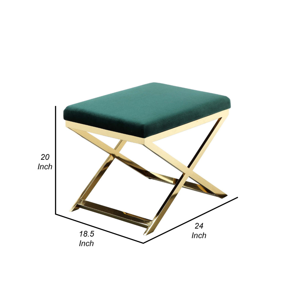 Benjara Sovi 24 Inch Accent Stool Ottoman Bench, Plush Green Velvet, Gold X Base