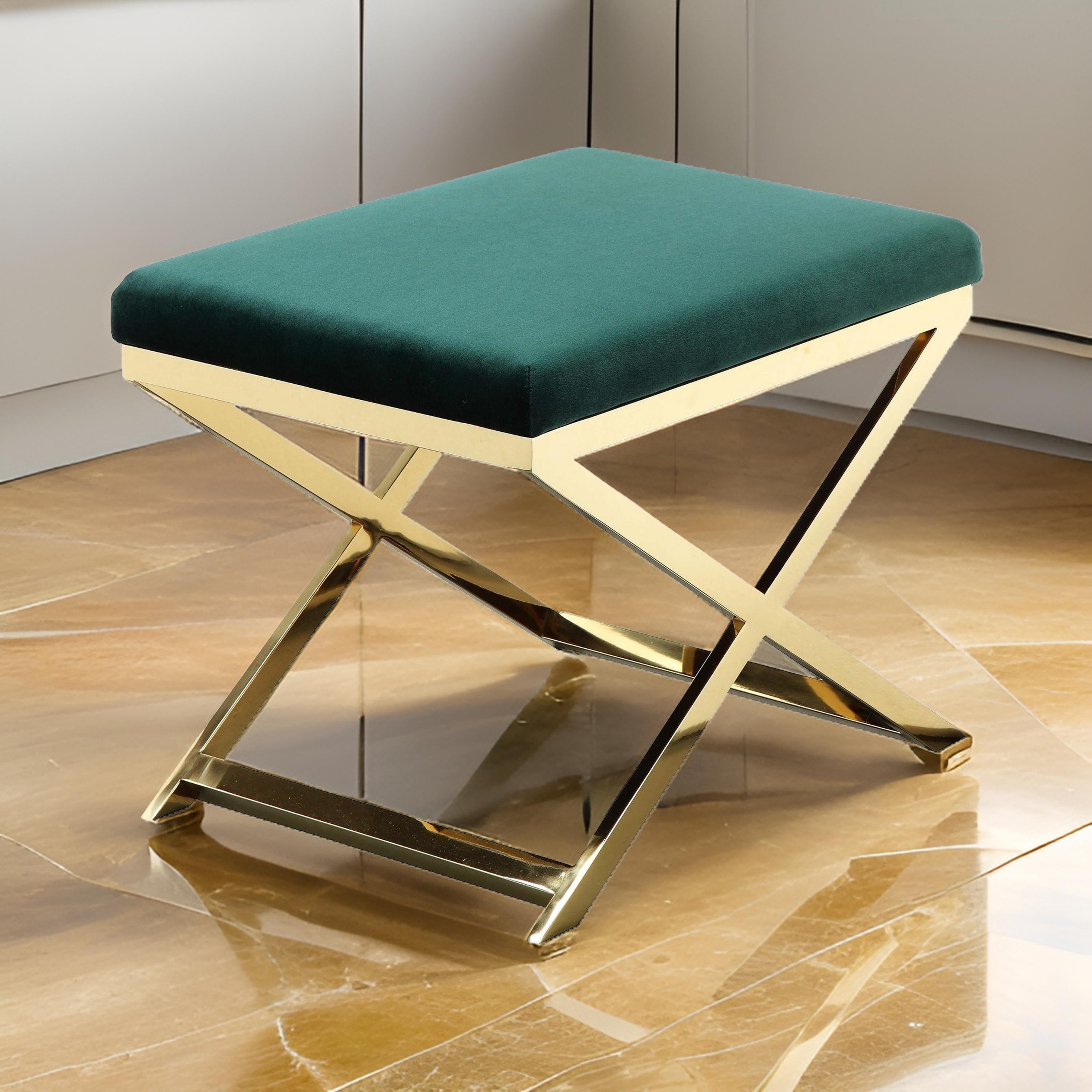 Benjara Sovi 24 Inch Accent Stool Ottoman Bench, Plush Green Velvet, Gold X Base