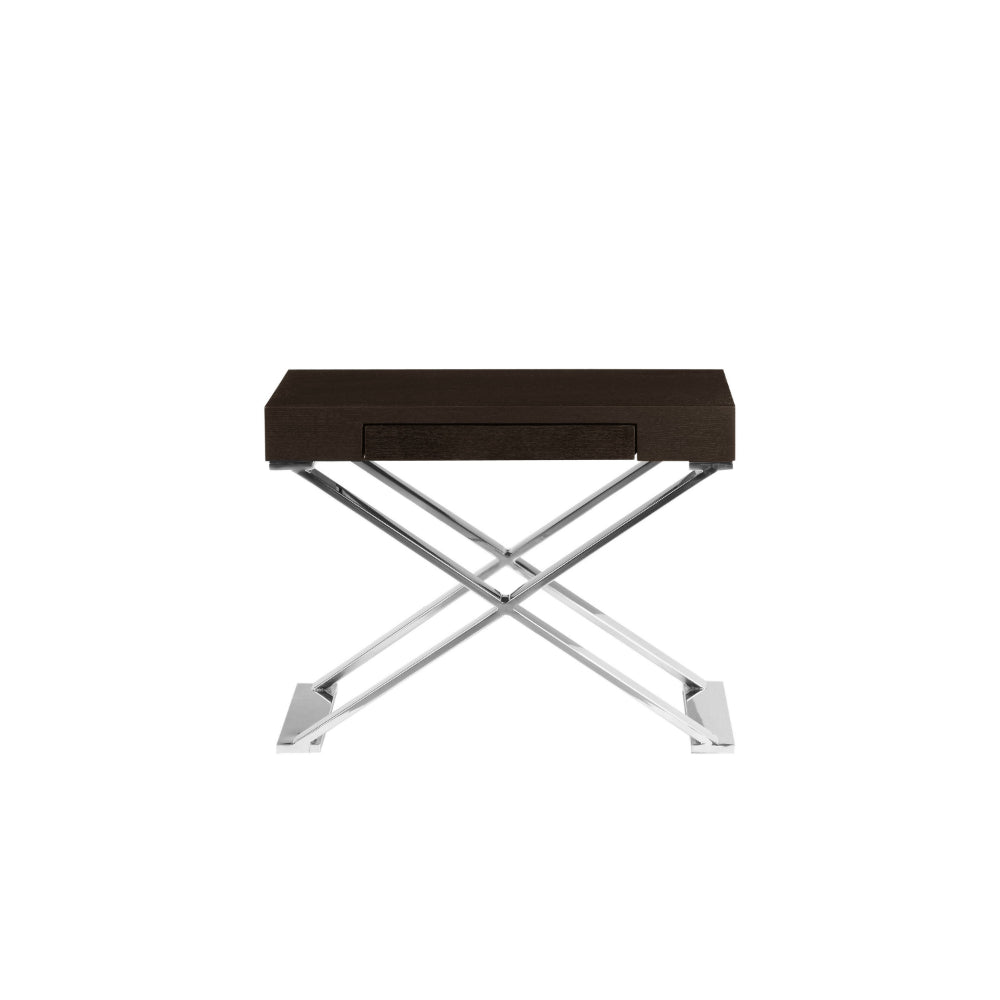 Benjara Rix 21 Inch Side End Table, 1 Drawer, X Steel Legs, Espresso Brown Wood
