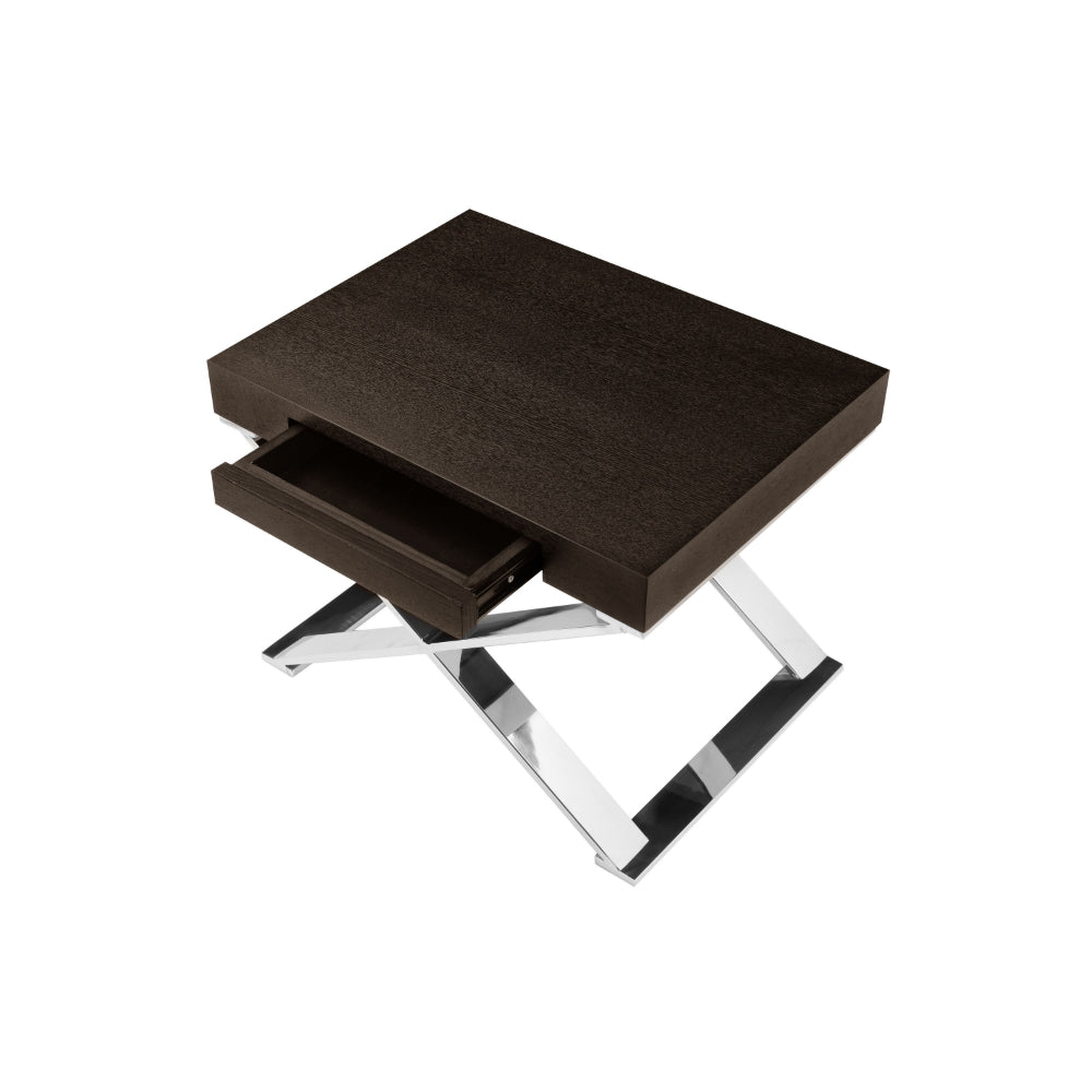 Benjara Rix 21 Inch Side End Table, 1 Drawer, X Steel Legs, Espresso Brown Wood