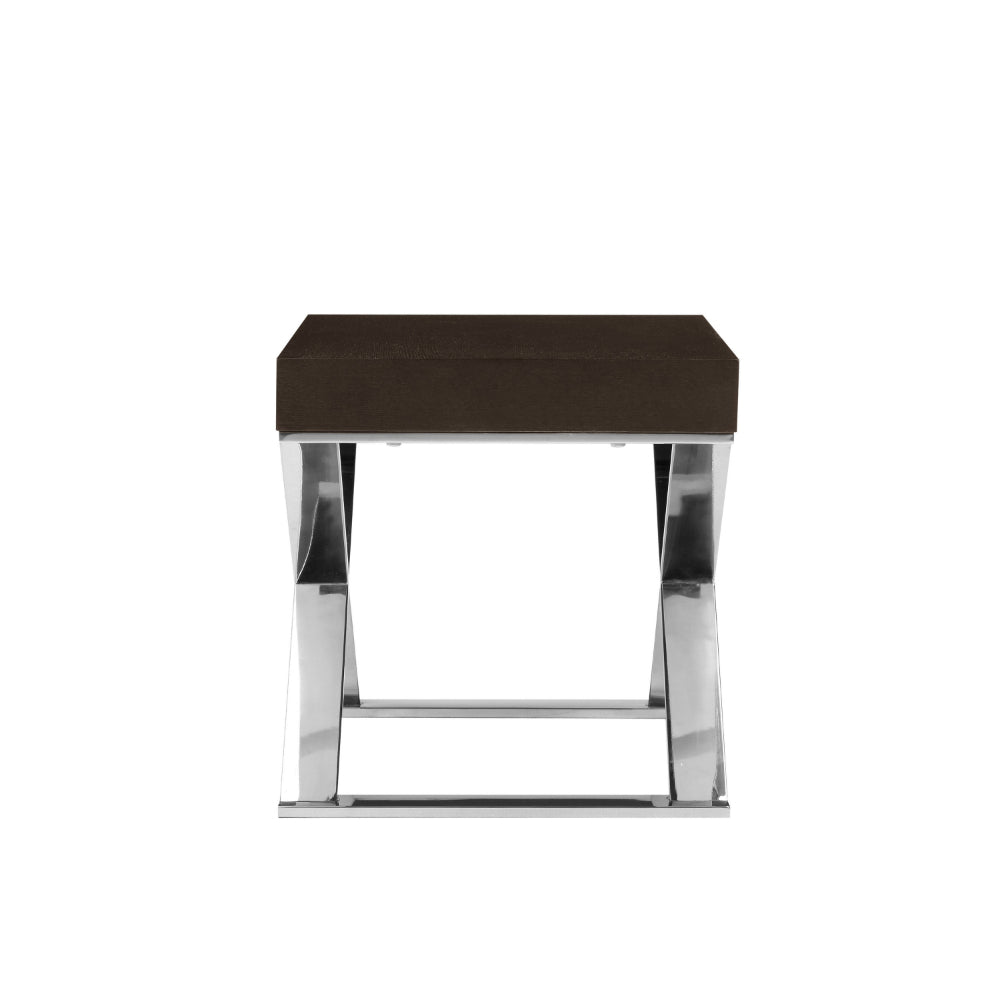 Benjara Rix 21 Inch Side End Table, 1 Drawer, X Steel Legs, Espresso Brown Wood