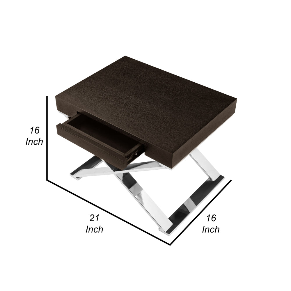 Benjara Rix 21 Inch Side End Table, 1 Drawer, X Steel Legs, Espresso Brown Wood