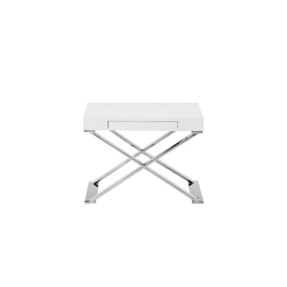 Benjara Rix 21 Inch Side End Table, 1 Drawer, X Shape Steel Legs, White Wood Top
