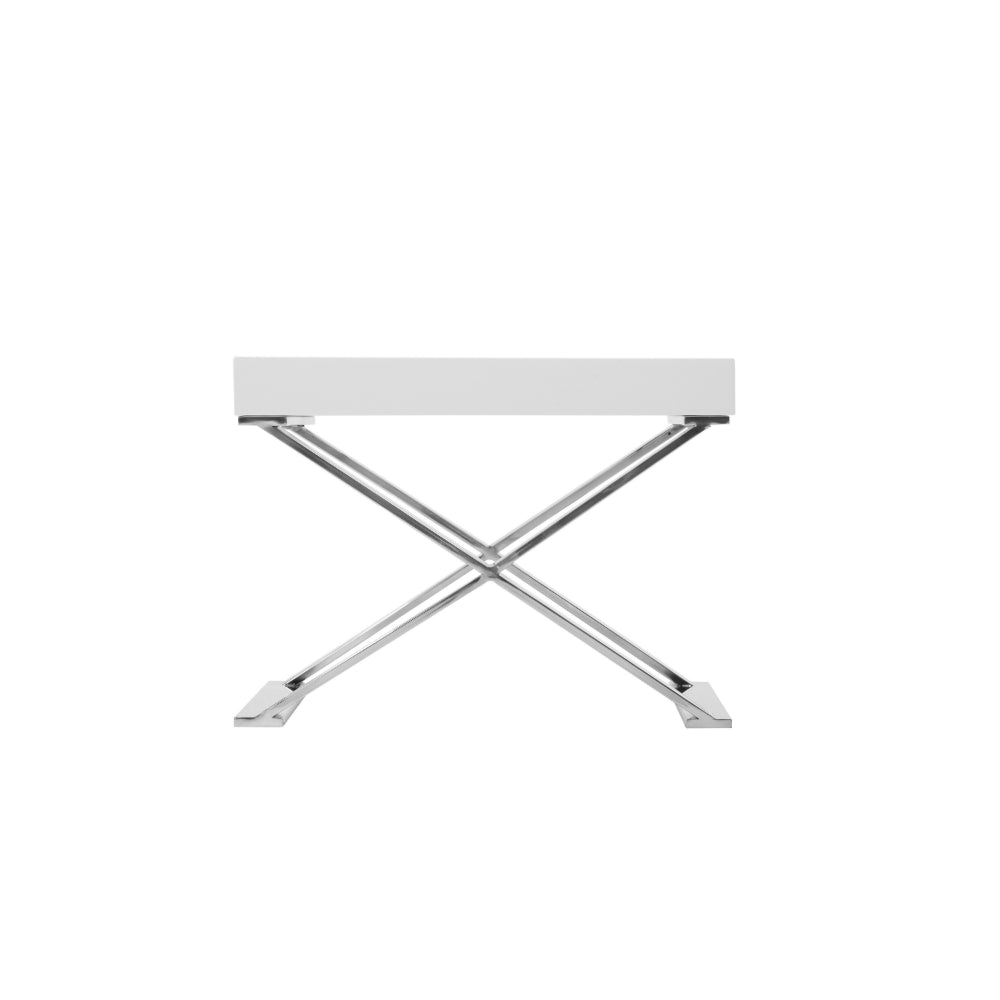 Benjara Rix 21 Inch Side End Table, 1 Drawer, X Shape Steel Legs, White Wood Top