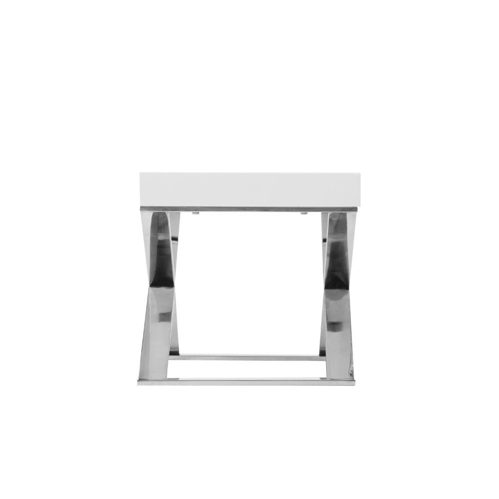 Benjara Rix 21 Inch Side End Table, 1 Drawer, X Shape Steel Legs, White Wood Top