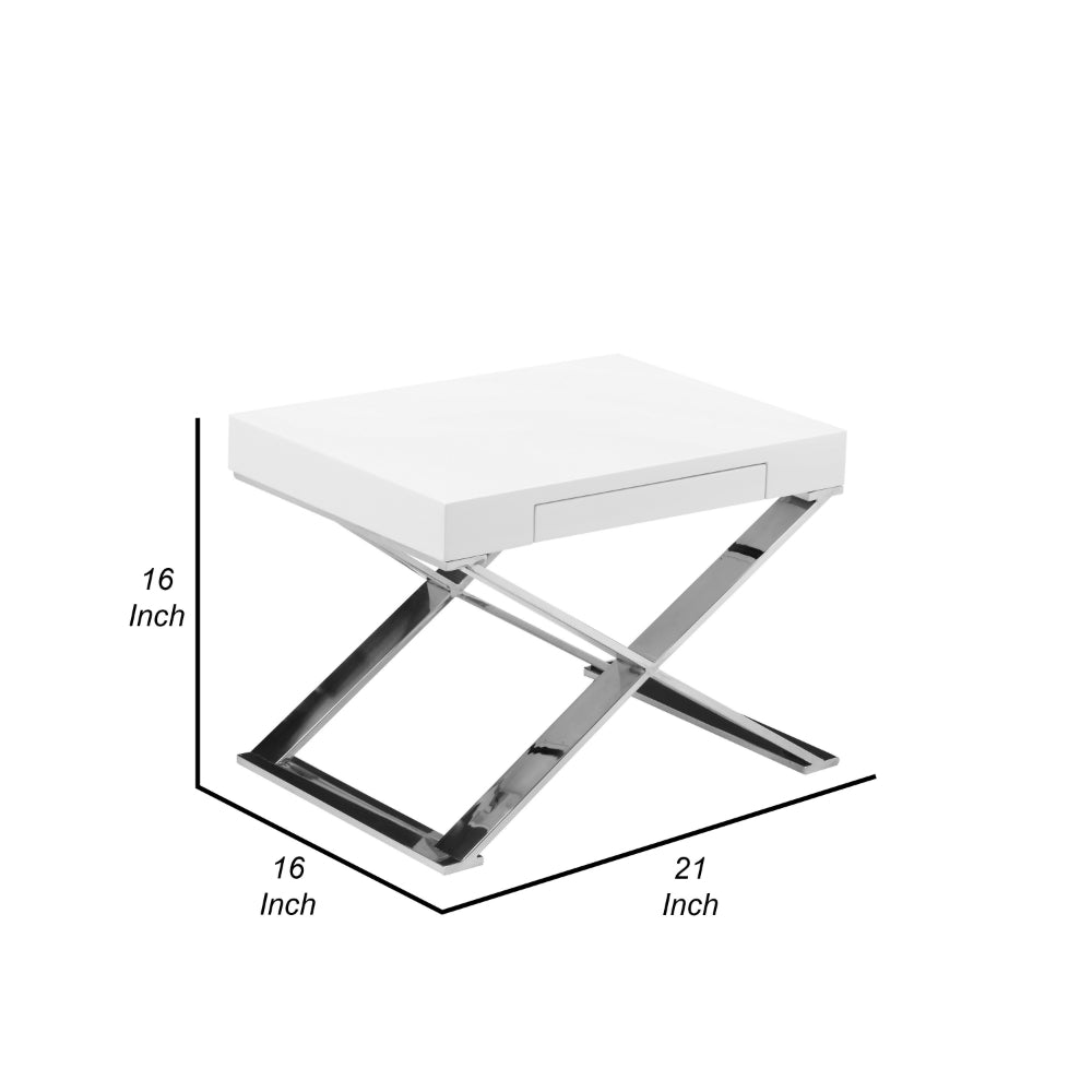 Benjara Rix 21 Inch Side End Table, 1 Drawer, X Shape Steel Legs, White Wood Top