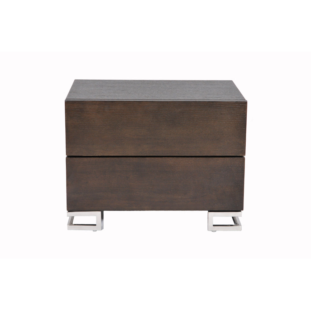 Benjara Sam 20 Inch Nightstand, 2 Drawers, Espresso Brown, High Polished Metal Legs
