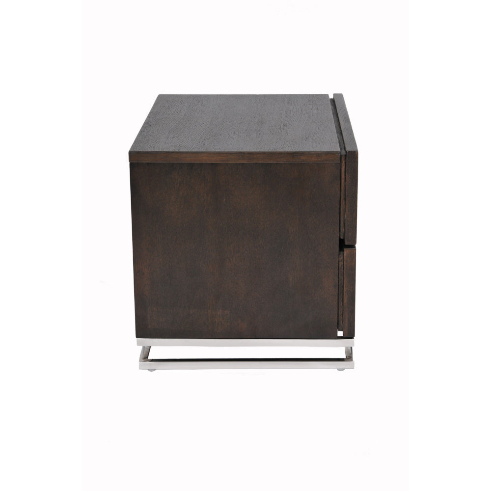 Benjara Sam 20 Inch Nightstand, 2 Drawers, Espresso Brown, High Polished Metal Legs