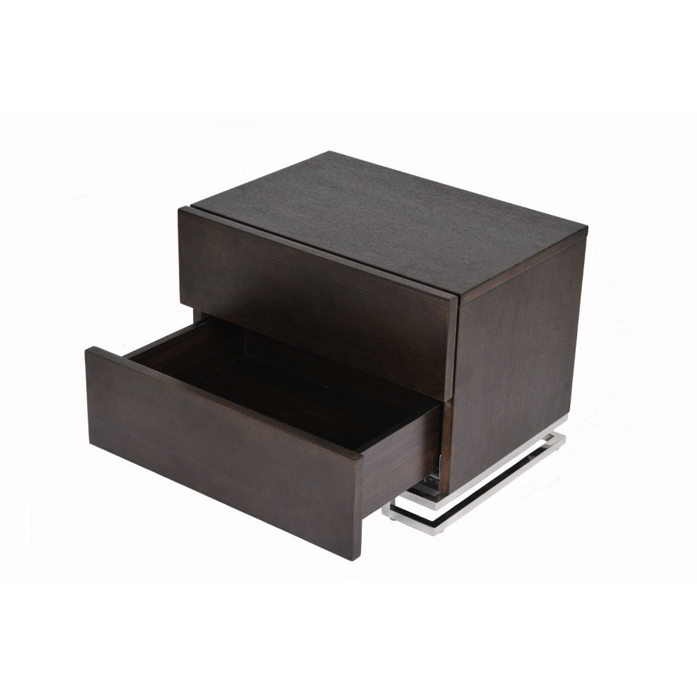 Benjara Sam 20 Inch Nightstand, 2 Drawers, Espresso Brown, High Polished Metal Legs