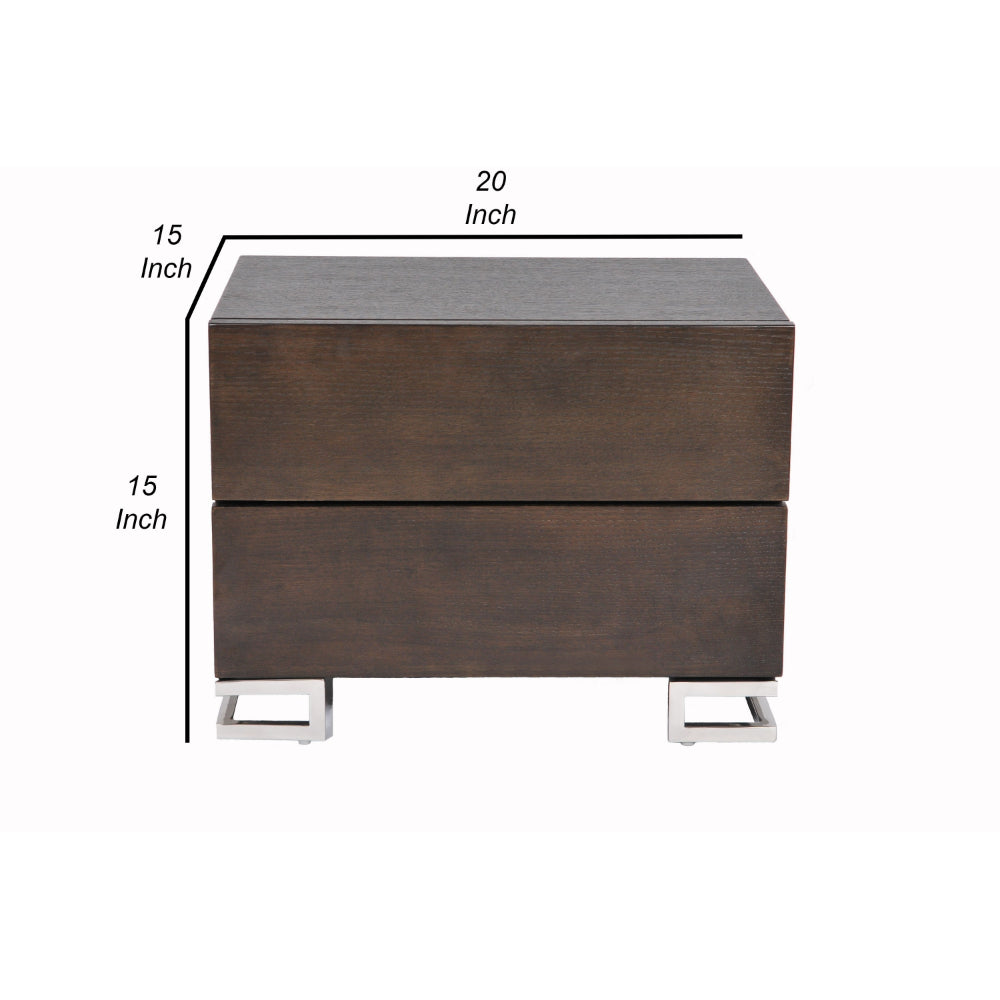 Benjara Sam 20 Inch Nightstand, 2 Drawers, Espresso Brown, High Polished Metal Legs