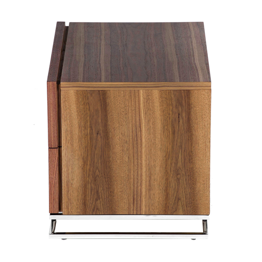 Benjara Sam 20 Inch Nightstand, 2 Drawers, Walnut Brown, High Polished Metal Legs