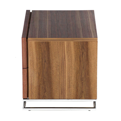 Benjara Sam 20 Inch Nightstand, 2 Drawers, Walnut Brown, High Polished Metal Legs