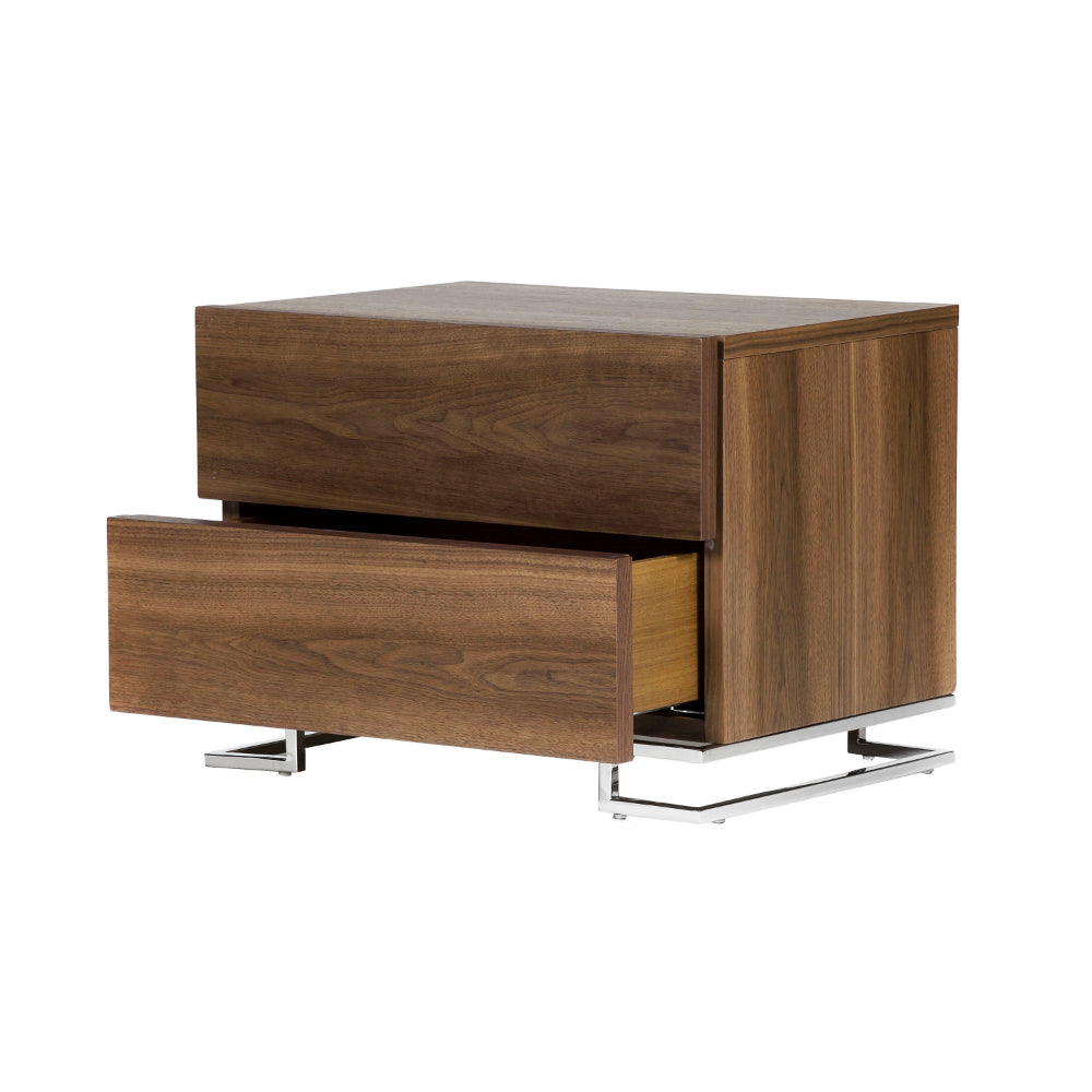 Benjara Sam 20 Inch Nightstand, 2 Drawers, Walnut Brown, High Polished Metal Legs