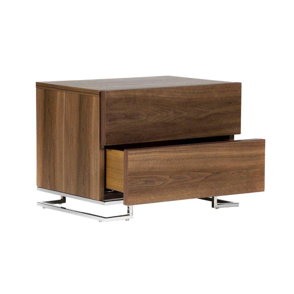 Benjara Sam 20 Inch Nightstand, 2 Drawers, Walnut Brown, High Polished Metal Legs