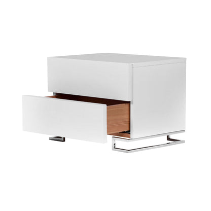 Benjara Sam 20 Inch Nightstand, 2 Drawers, White Wood, High Polished Metal Legs
