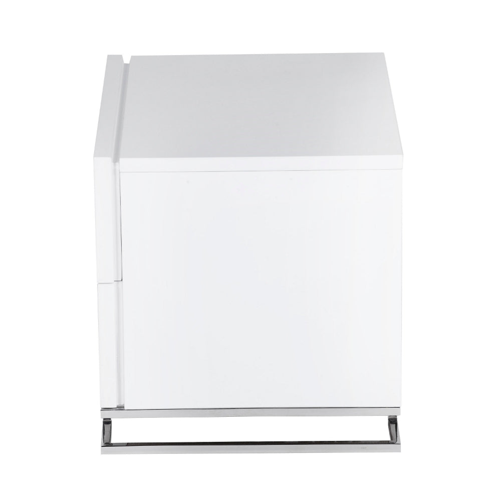 Benjara Sam 20 Inch Nightstand, 2 Drawers, White Wood, High Polished Metal Legs
