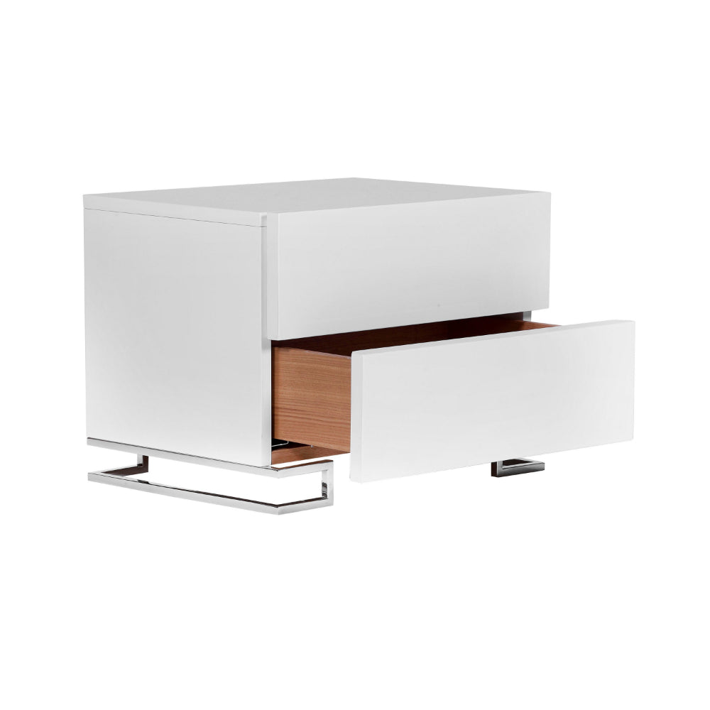 Benjara Sam 20 Inch Nightstand, 2 Drawers, White Wood, High Polished Metal Legs