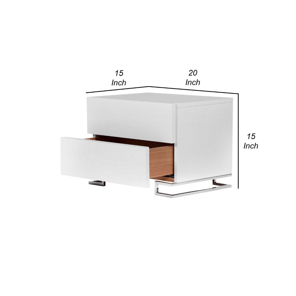 Benjara Sam 20 Inch Nightstand, 2 Drawers, White Wood, High Polished Metal Legs