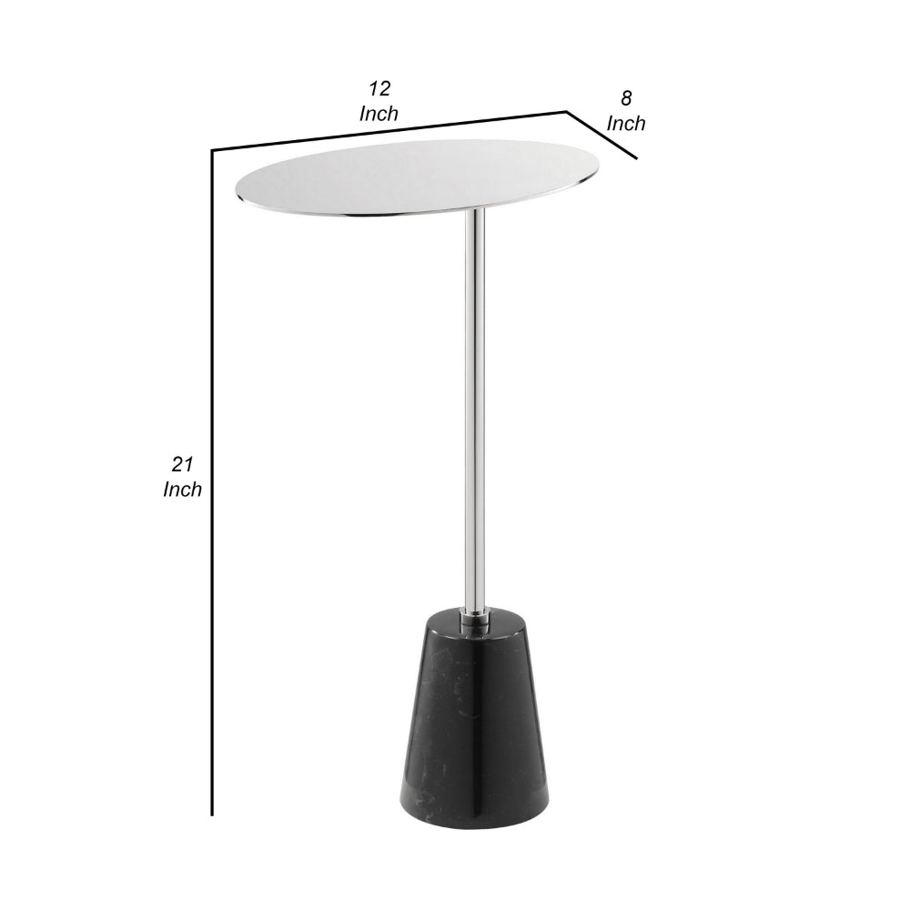 Benjara Frank 21 Inch Side End Table, Oval Chrome Steel Top, Genuine Marble Base