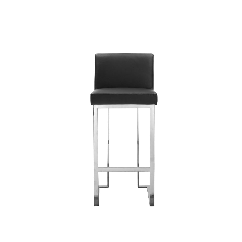 Benjara Boly 30 Inch Barstool Chair, Black Faux Leather, Cushions, Chrome Steel
