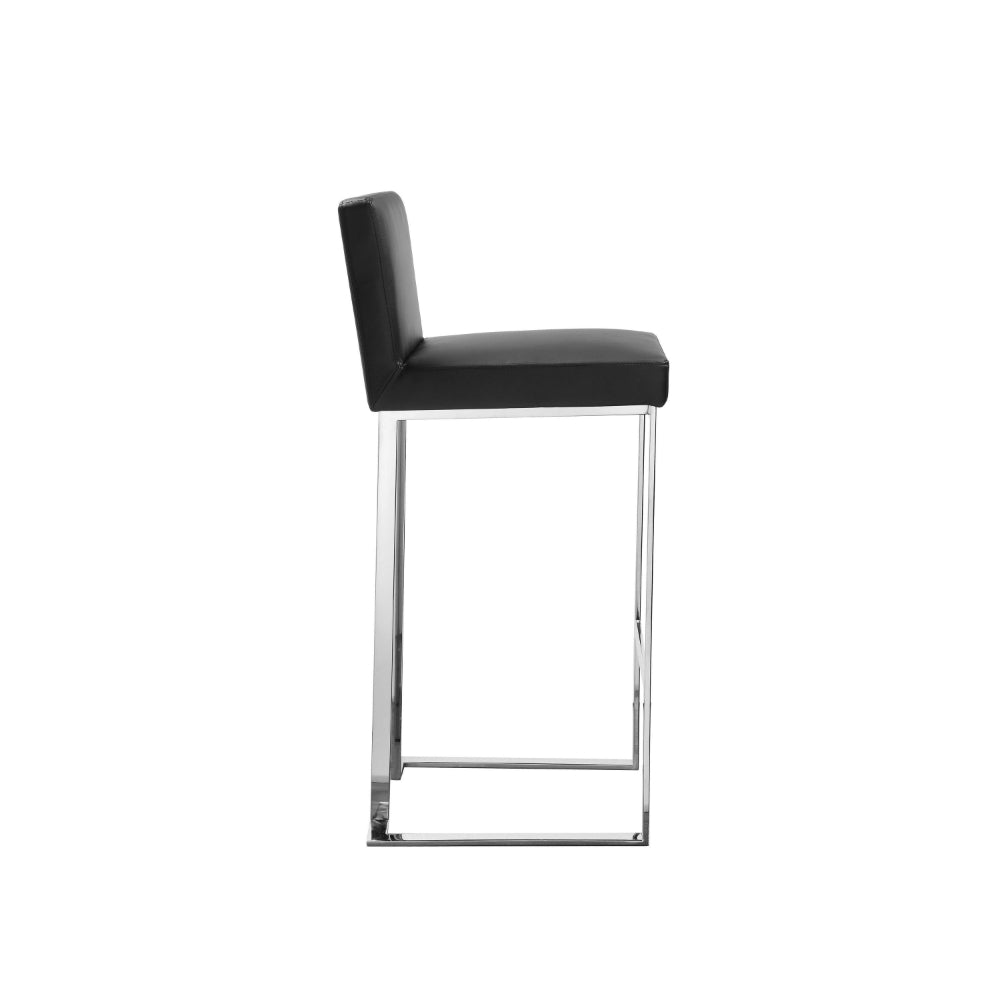 Benjara Boly 30 Inch Barstool Chair, Black Faux Leather, Cushions, Chrome Steel