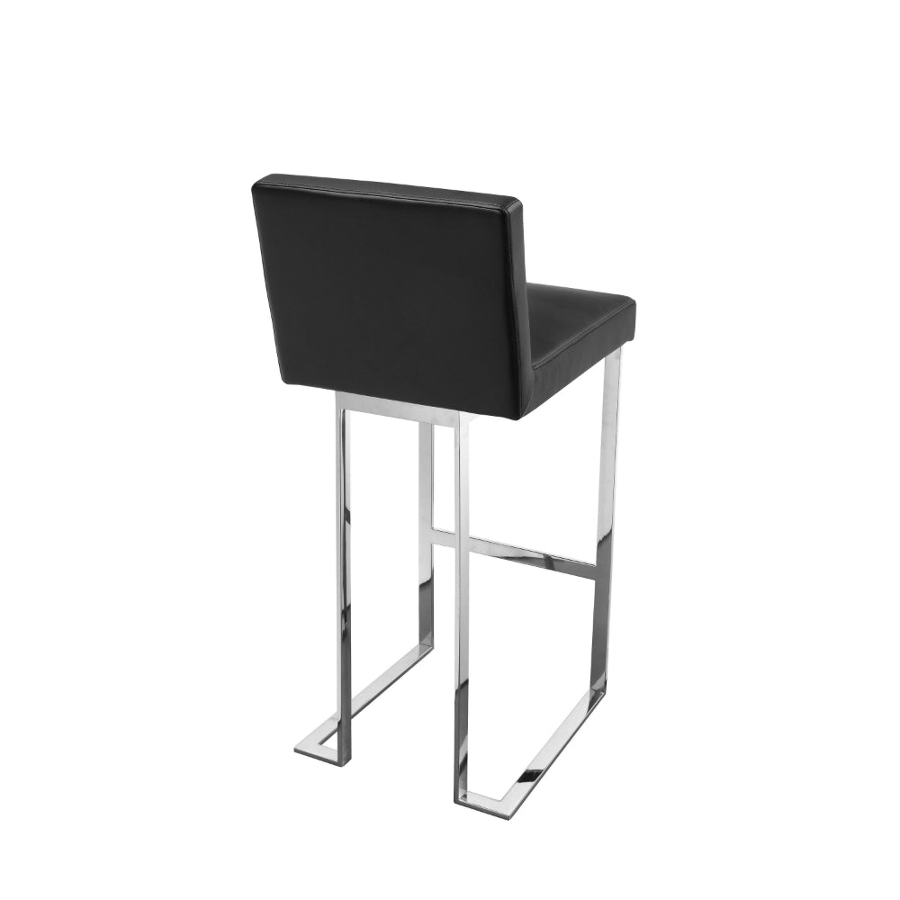 Benjara Boly 30 Inch Barstool Chair, Black Faux Leather, Cushions, Chrome Steel