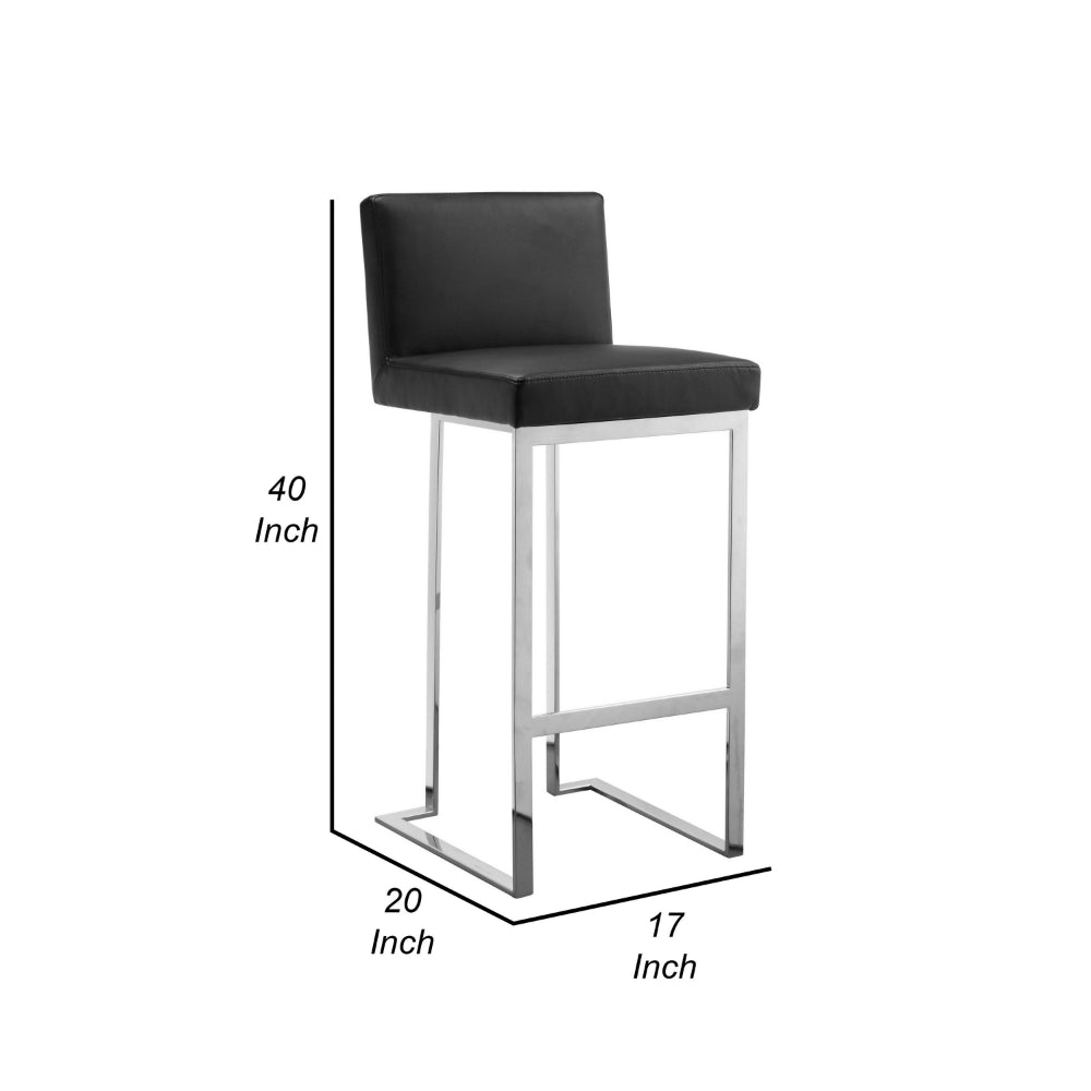 Benjara Boly 30 Inch Barstool Chair, Black Faux Leather, Cushions, Chrome Steel