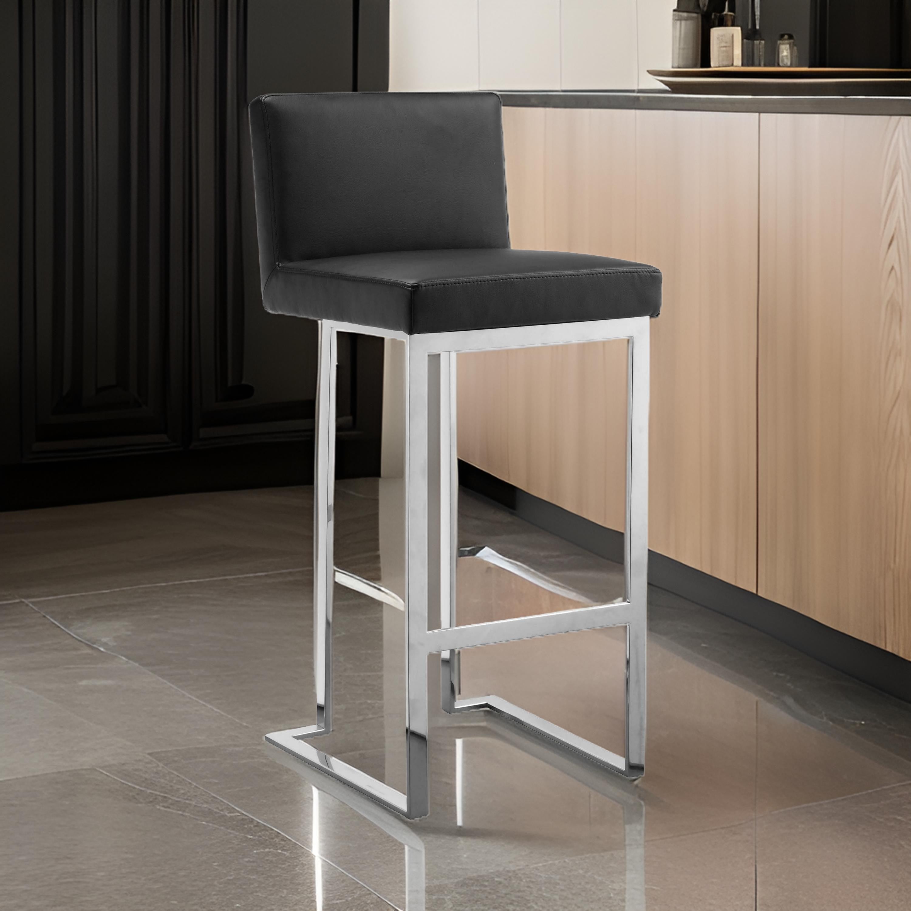 Benjara Boly 30 Inch Barstool Chair, Black Faux Leather, Cushions, Chrome Steel