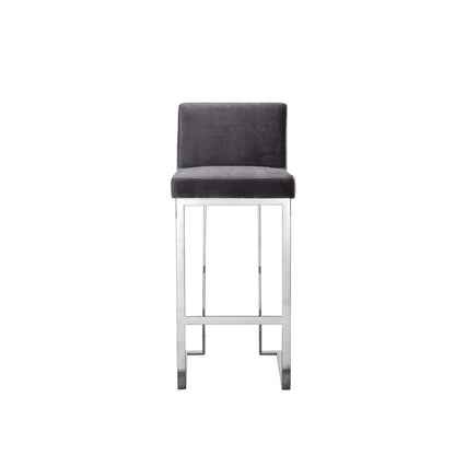 Benjara Boly 30 Inch Barstool Chair, Gray Velvet, Foam Cushions, Chrome Steel
