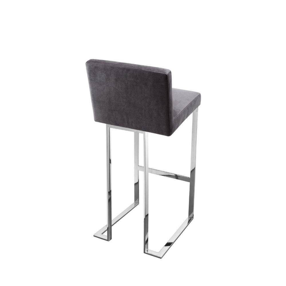 Benjara Boly 30 Inch Barstool Chair, Gray Velvet, Foam Cushions, Chrome Steel