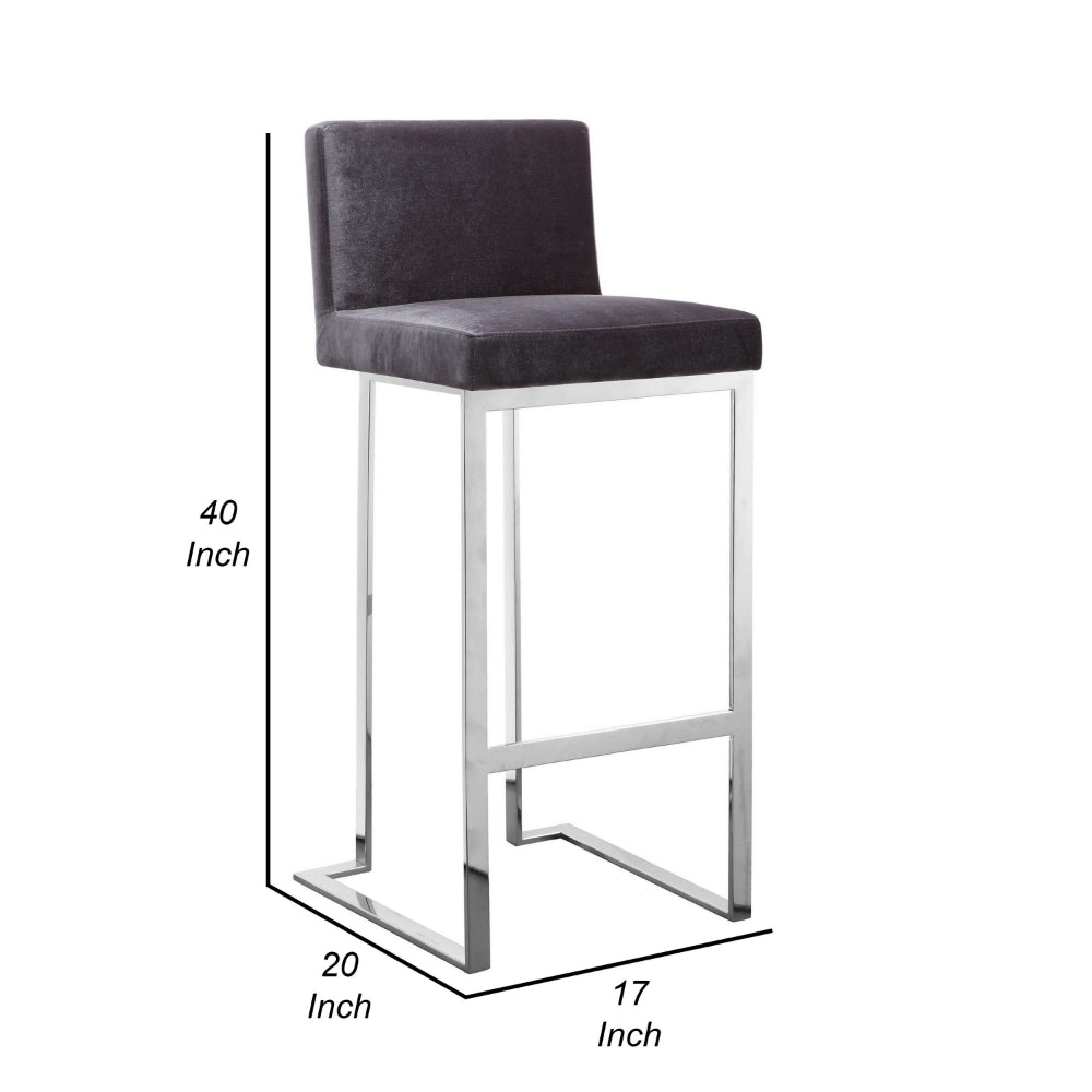 Benjara Boly 30 Inch Barstool Chair, Gray Velvet, Foam Cushions, Chrome Steel