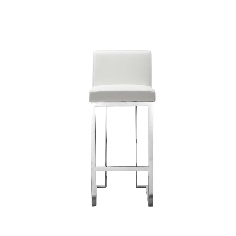 Benjara Boly 30 Inch Barstool Chair, White Faux Leather, Cushions, Chrome Steel