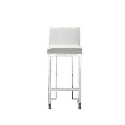 Benjara Boly 30 Inch Barstool Chair, White Faux Leather, Cushions, Chrome Steel
