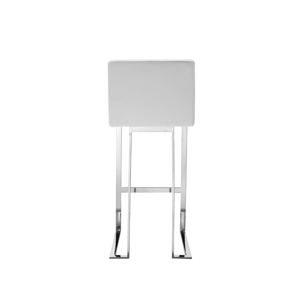 Benjara Boly 30 Inch Barstool Chair, White Faux Leather, Cushions, Chrome Steel
