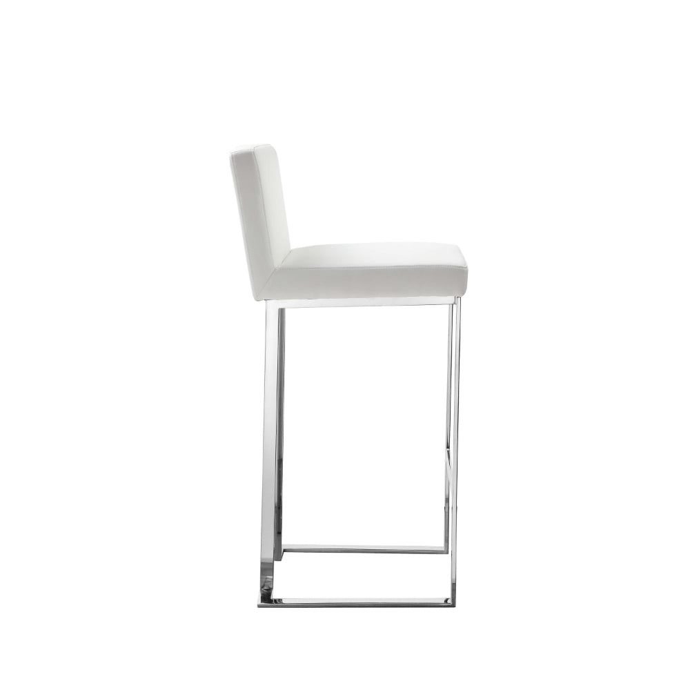 Benjara Boly 30 Inch Barstool Chair, White Faux Leather, Cushions, Chrome Steel