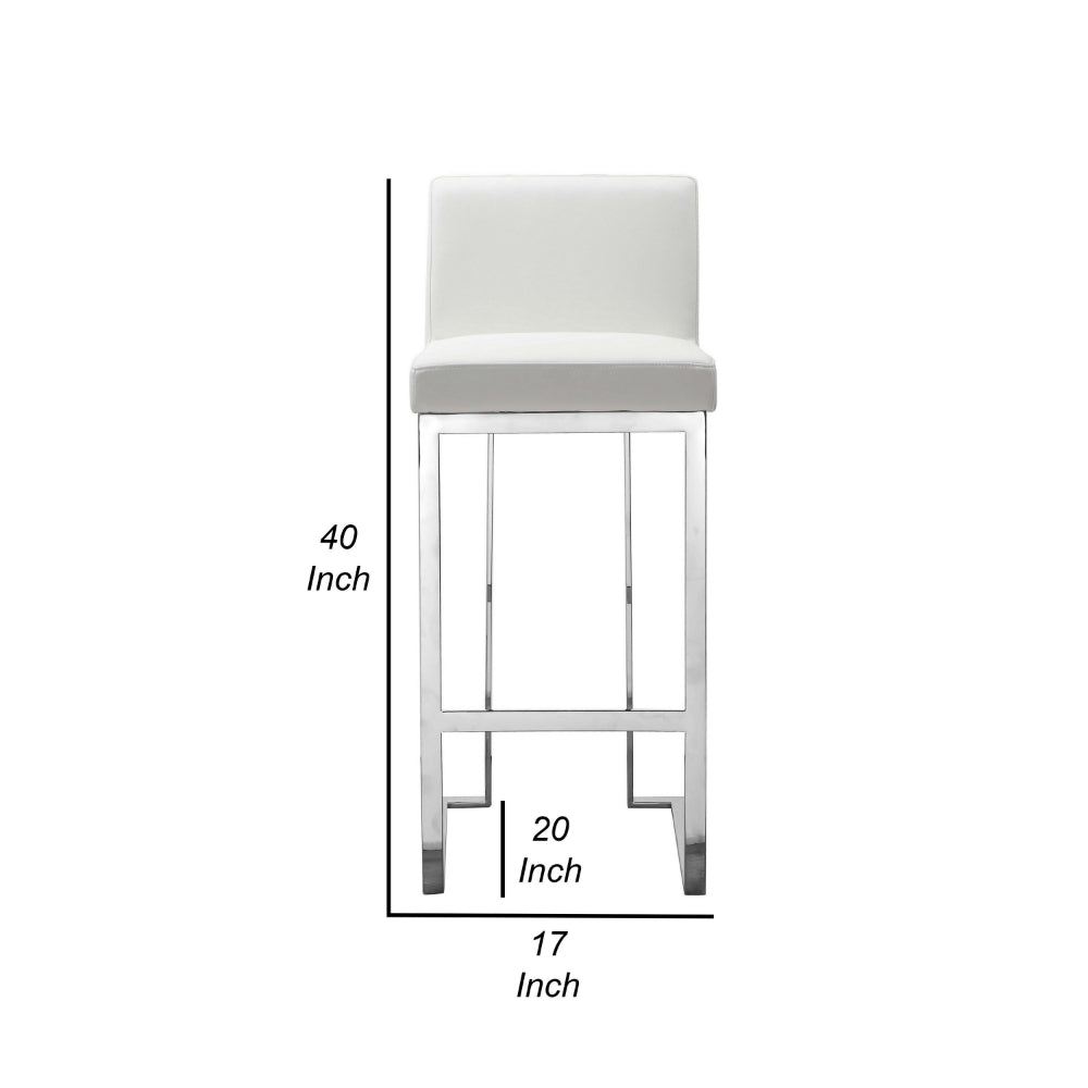 Benjara Boly 30 Inch Barstool Chair, White Faux Leather, Cushions, Chrome Steel