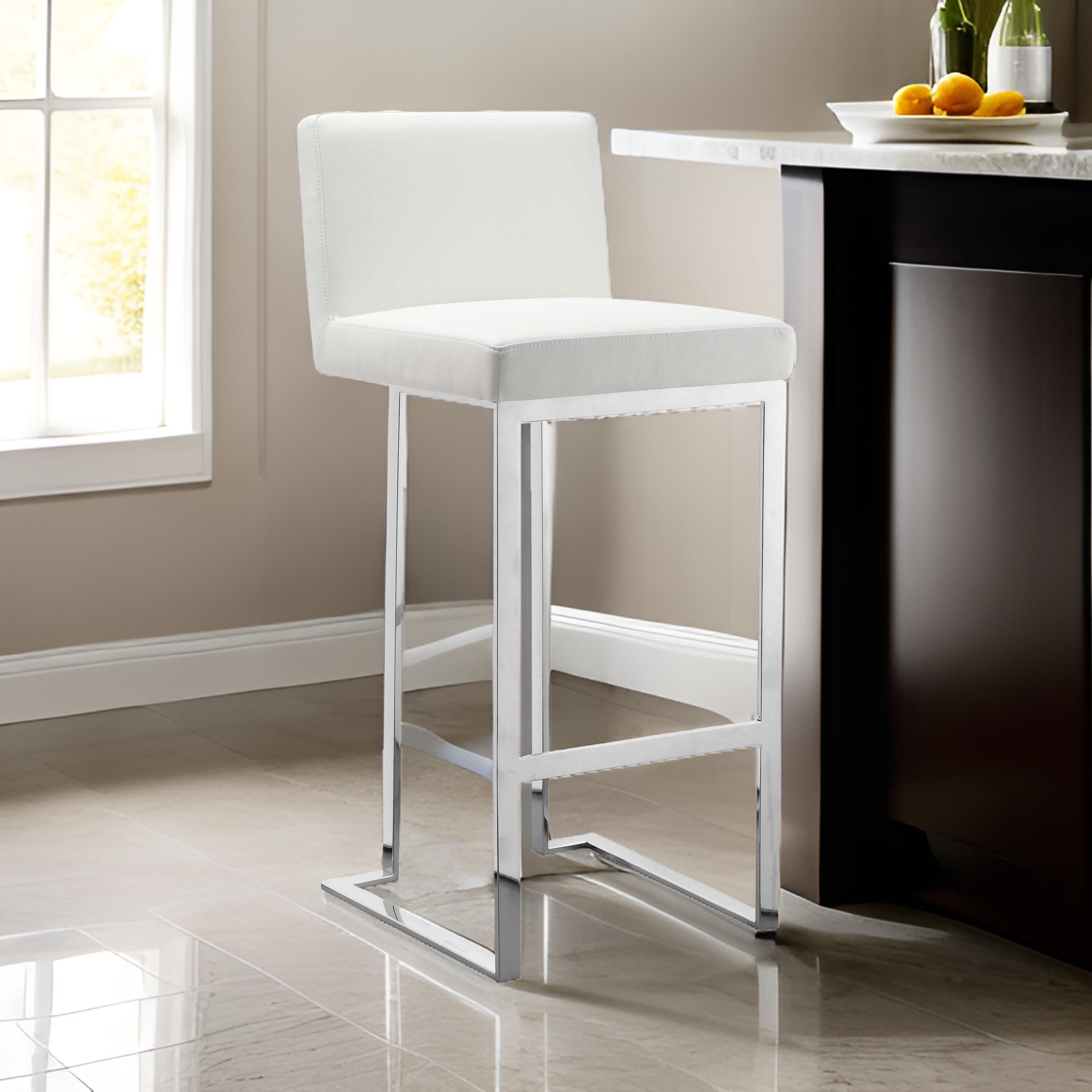 Benjara Boly 30 Inch Barstool Chair, White Faux Leather, Cushions, Chrome Steel