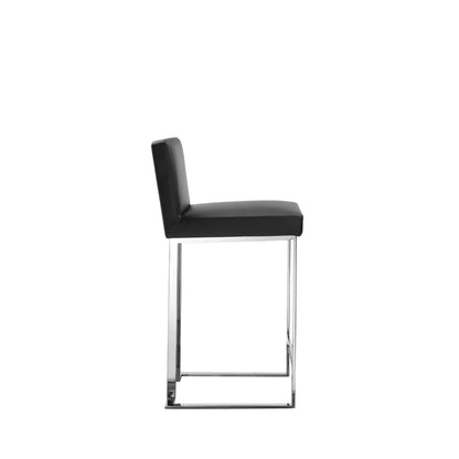 Benjara Boly 26 Inch Counter Height Chair, Black Faux Leather, Chrome Steel