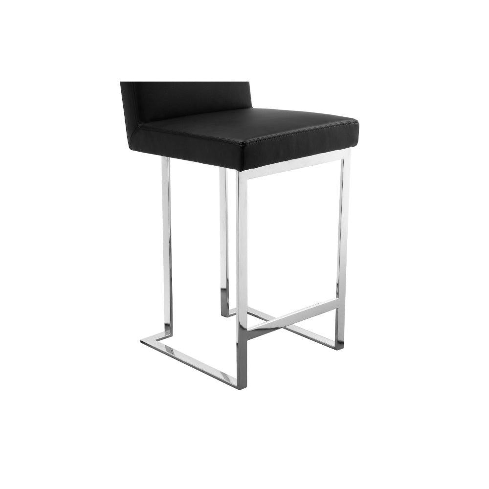 Benjara Boly 26 Inch Counter Height Chair, Black Faux Leather, Chrome Steel